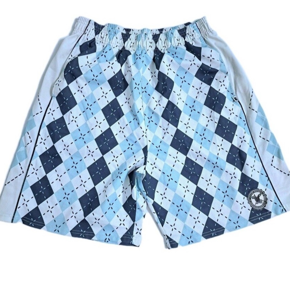 Flow Society Lacrosse Shorts Mens Medium Blue White Black Argyle Plaid Long